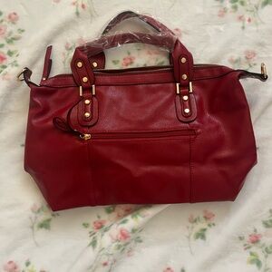 Red Tote Bag with Structured Shape and Gold Hardware